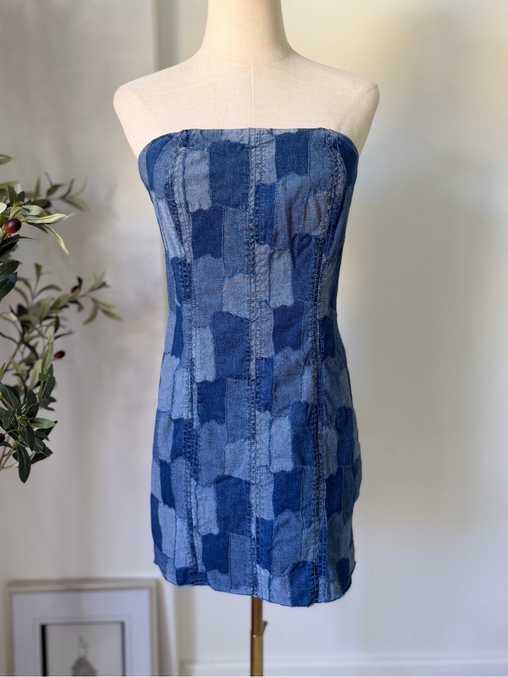 wild fable Patchwork Denim Strapless Mini Dress - Blue